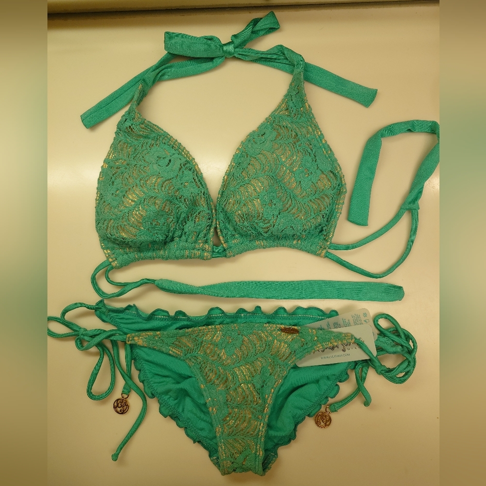 Flaw NWT Gold & Green LULI FAMA Crochet Halter Top DD Tie-Side Bikini SwimSuit M - Picture 3 of 15